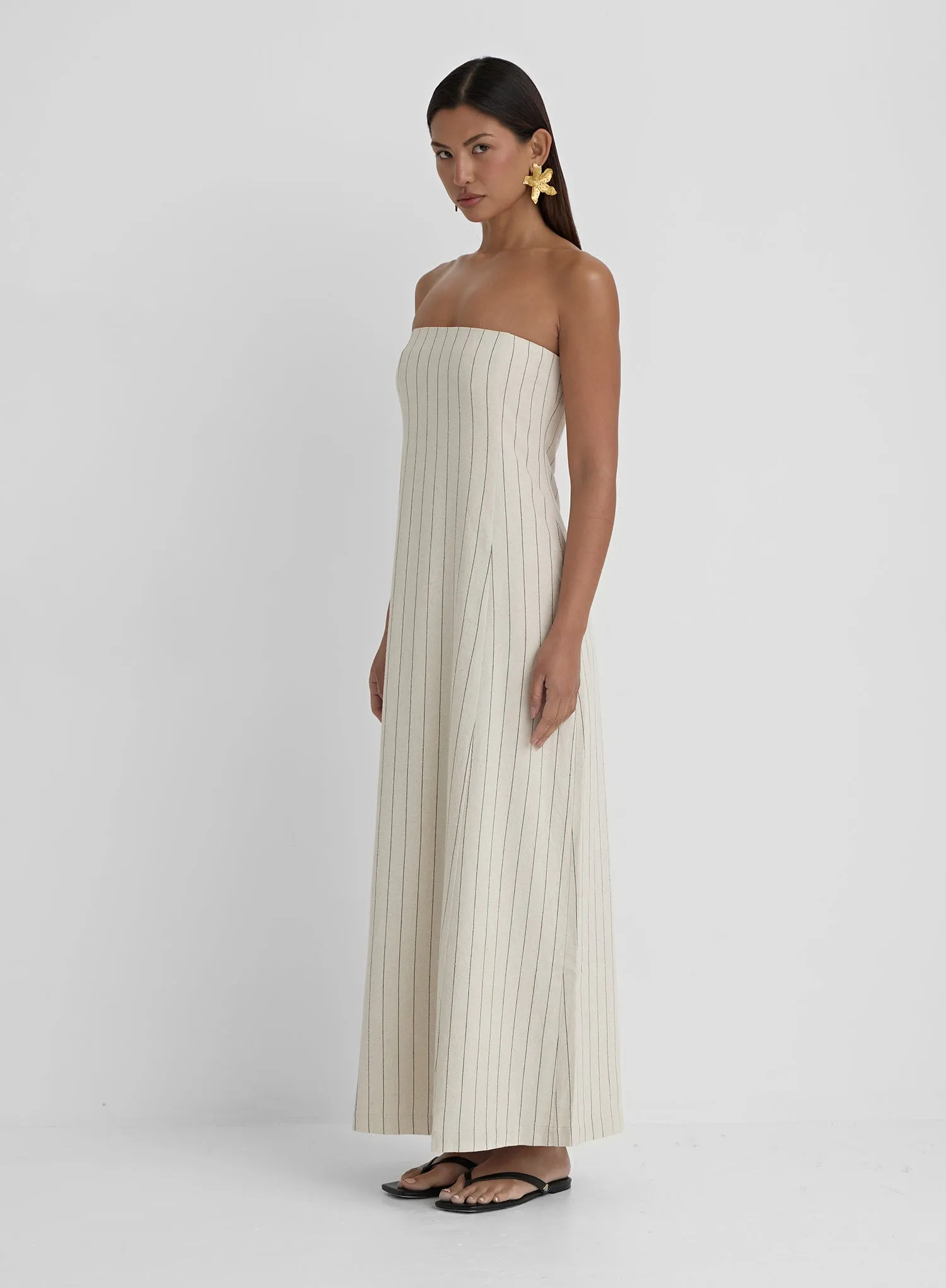 Cream Stripe Bandeau Linen Dress- Victoria