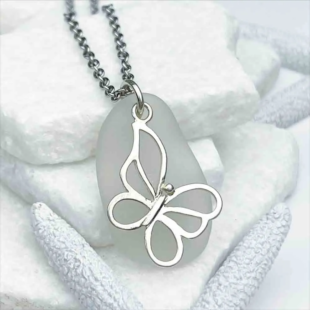 Crystal Clear Sea Glass Pendant with Sterling Silver Butterfly Charm | #1938