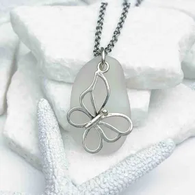 Crystal Clear Sea Glass Pendant with Sterling Silver Butterfly Charm | #1938