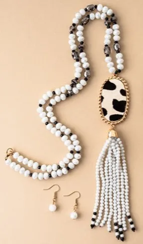 Crystal Necklace with Black White Cow Oval pendant & tassel