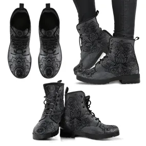 Dark Grey Lotus Mandala Handcrafted Boots