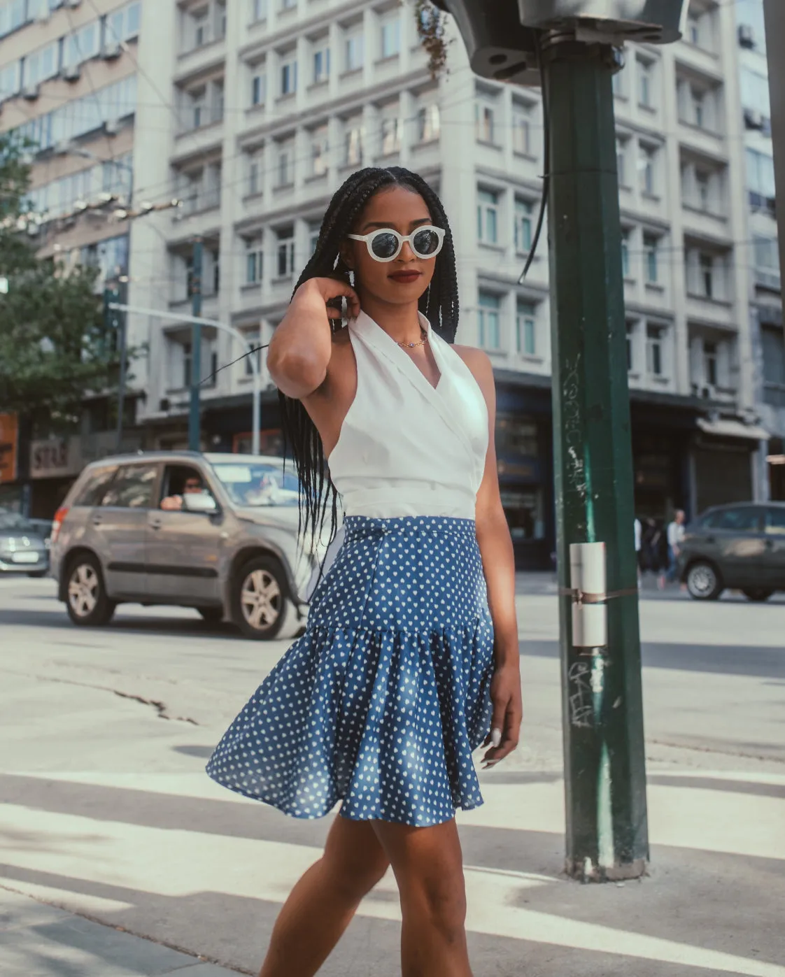 “Daylily” skirt in blue with white hearts