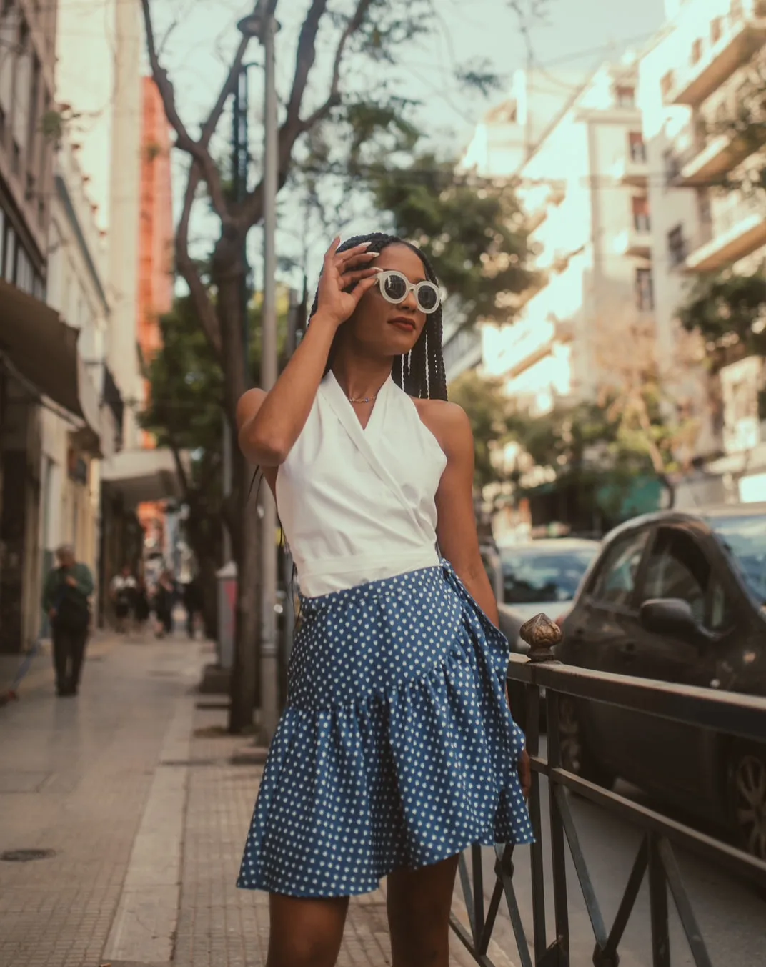 “Daylily” skirt in blue with white hearts