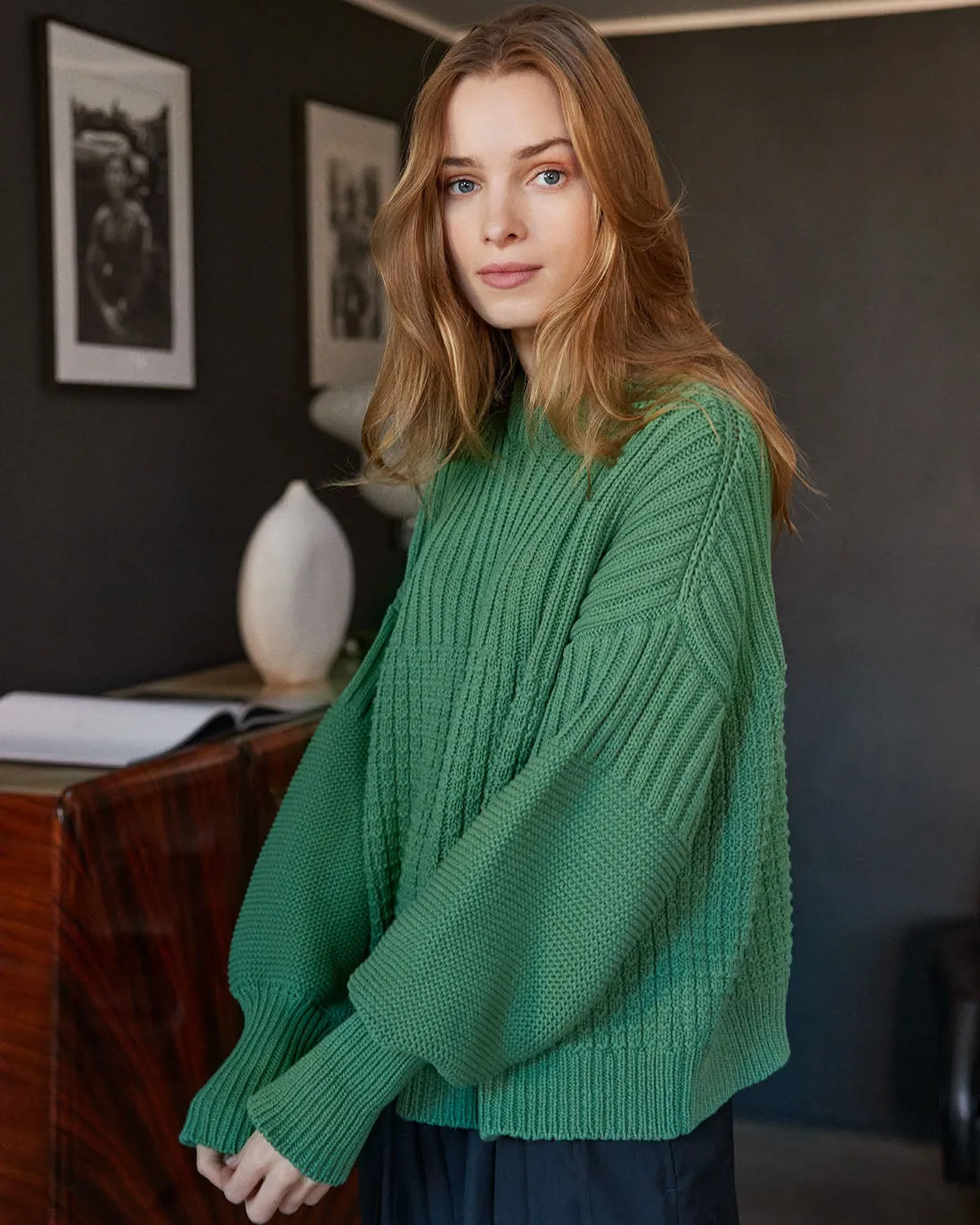 Delčia Cotton Sweater in Fern Green