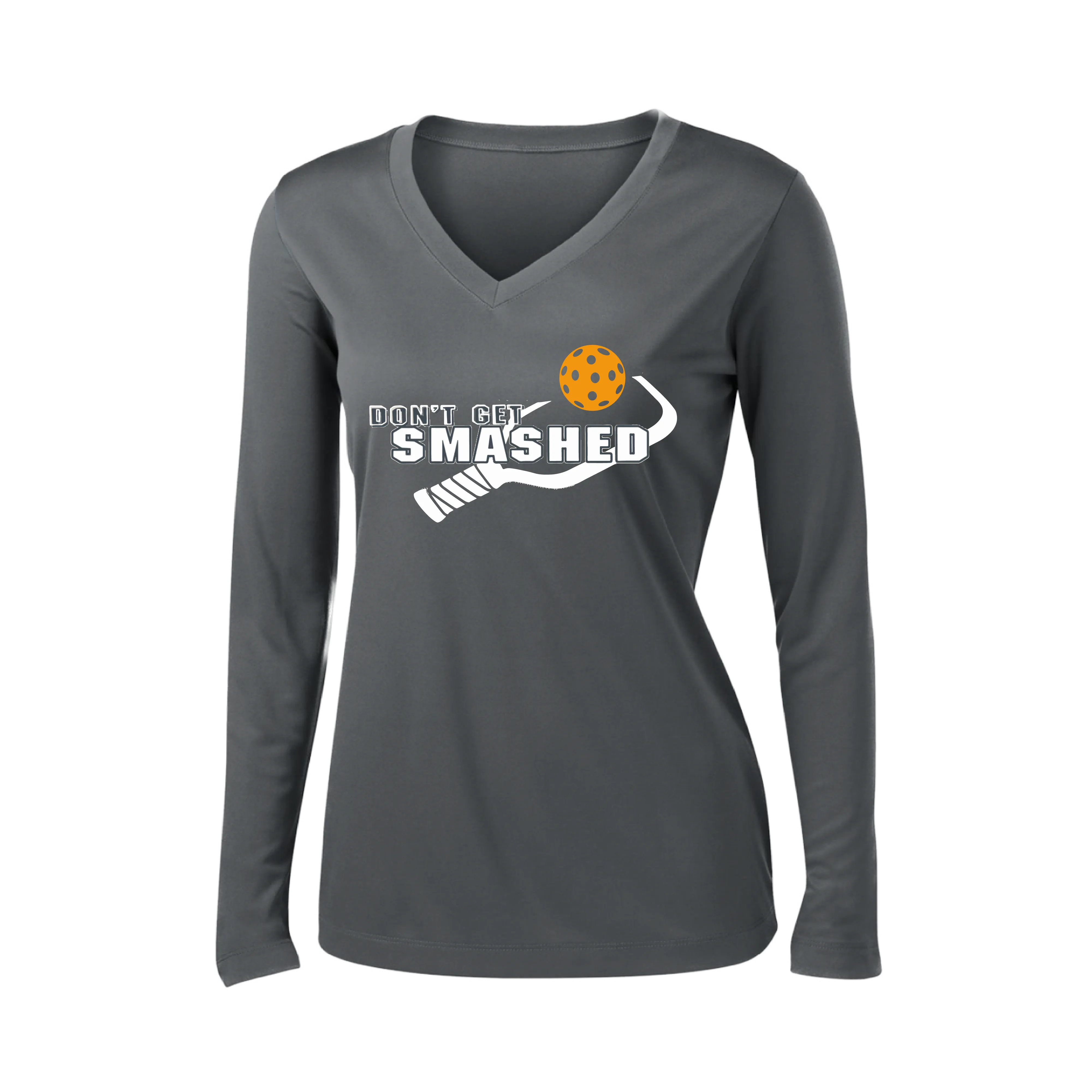 Don't Get Smashed Customizable (Colors Cyan Orange Pink) | Women's Long Sleeve V-Neck Pickleball Shirts | 100% Polyester