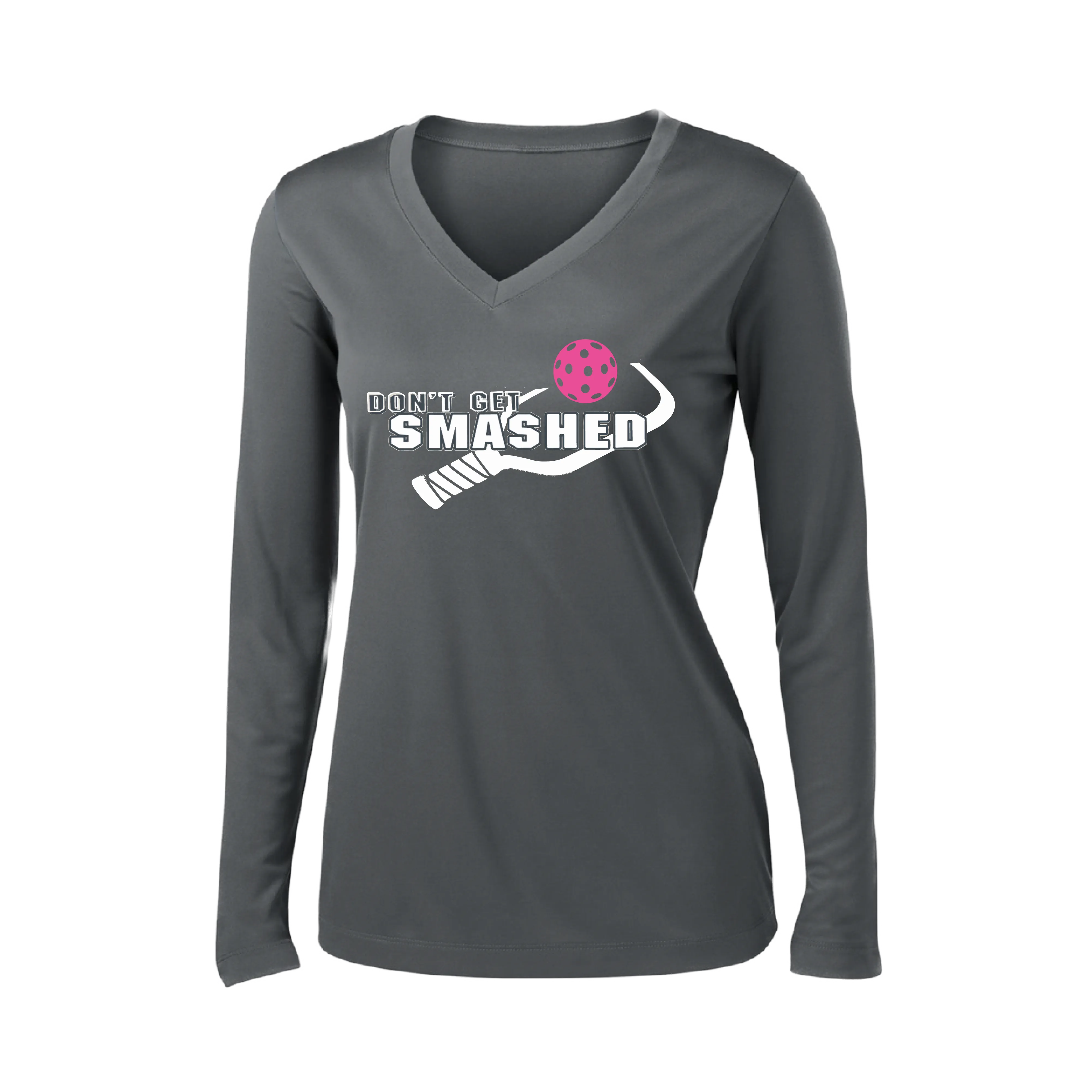 Don't Get Smashed Customizable (Colors Cyan Orange Pink) | Women's Long Sleeve V-Neck Pickleball Shirts | 100% Polyester