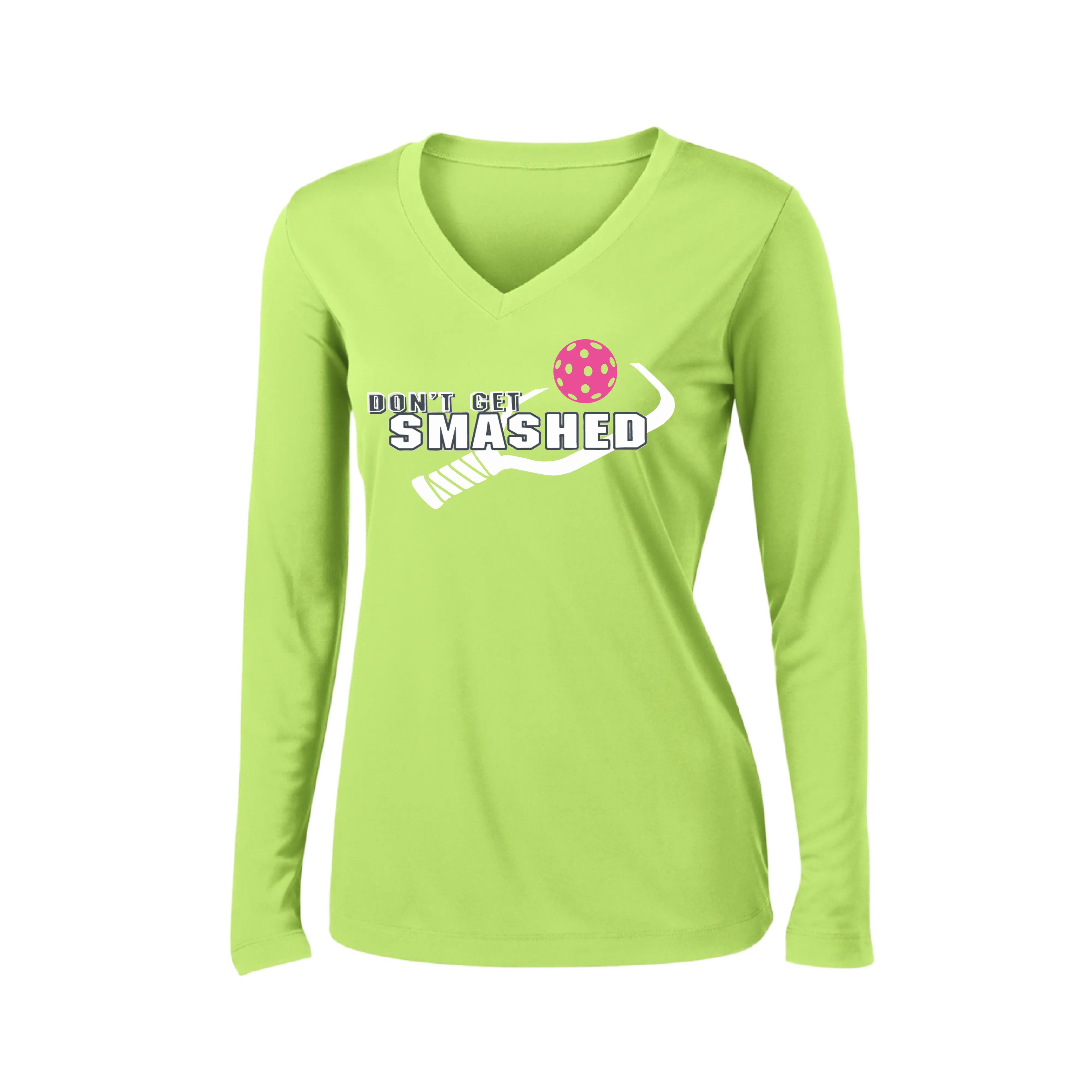 Don't Get Smashed Customizable (Colors Cyan Orange Pink) | Women's Long Sleeve V-Neck Pickleball Shirts | 100% Polyester