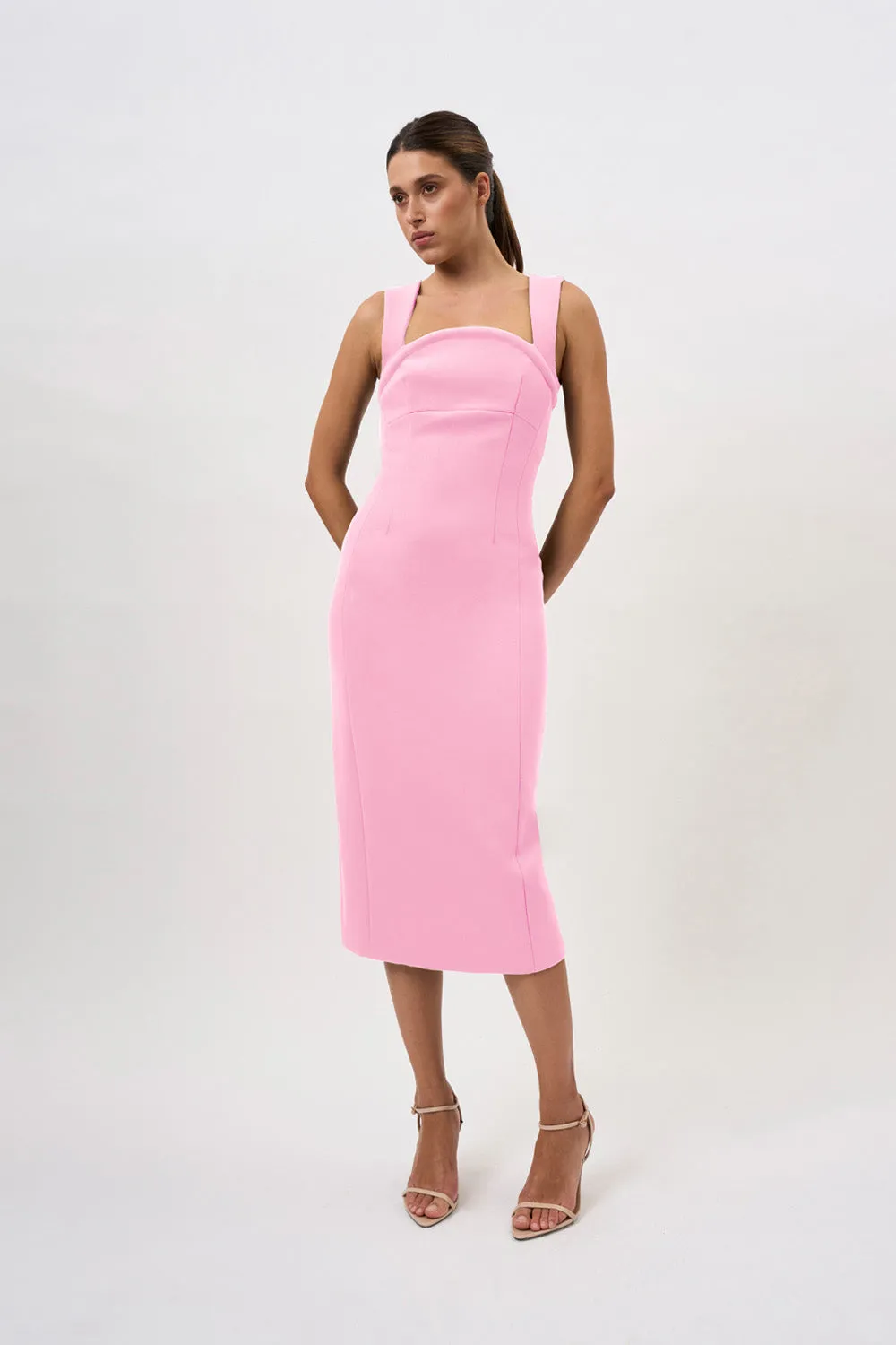 Elara Curve Structure Midi Dress - Pink