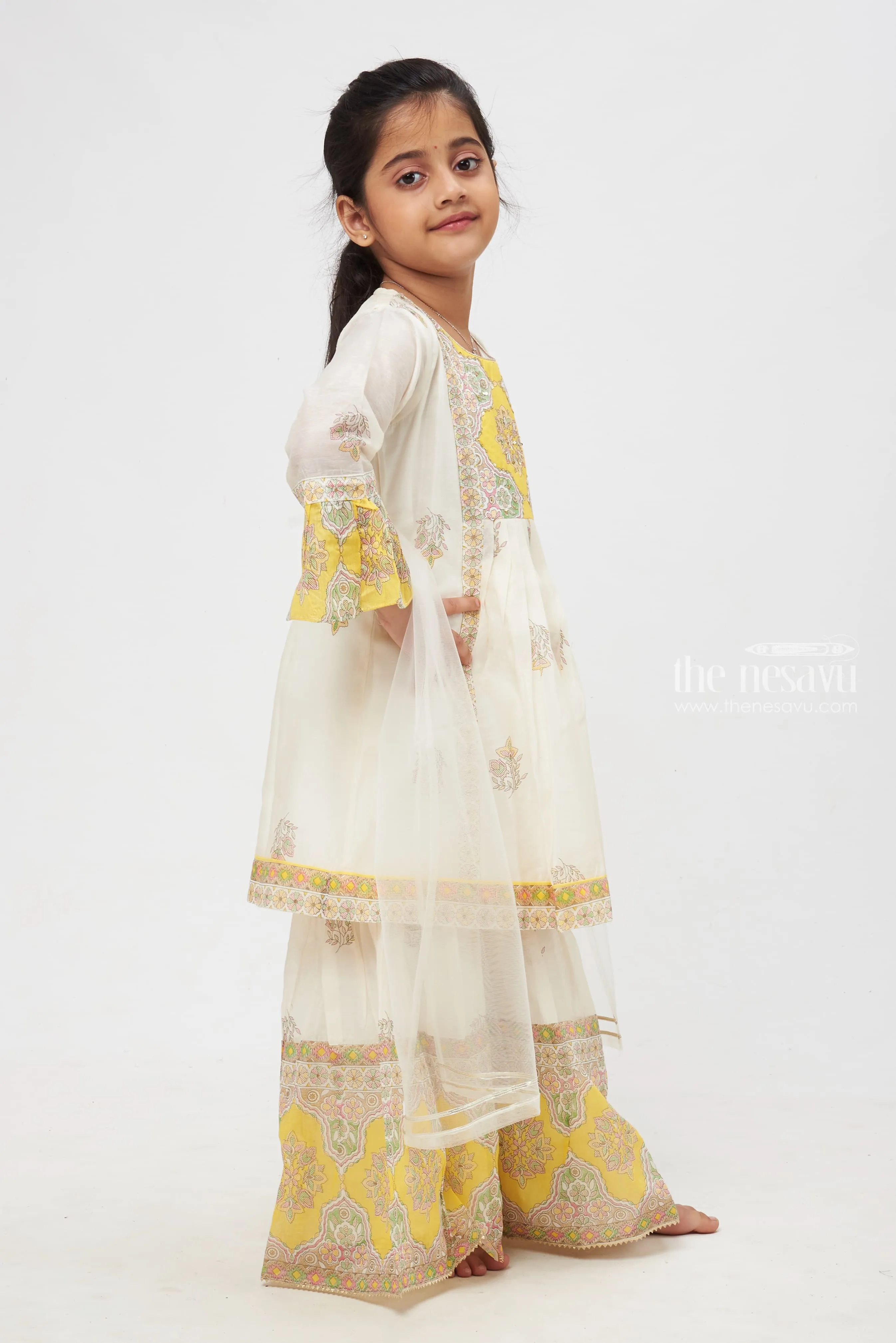 Elegant Medallion Print Ensemble for Kids: White and Yellow Floral Printed Stylish Kurti with Sharara Pant Set