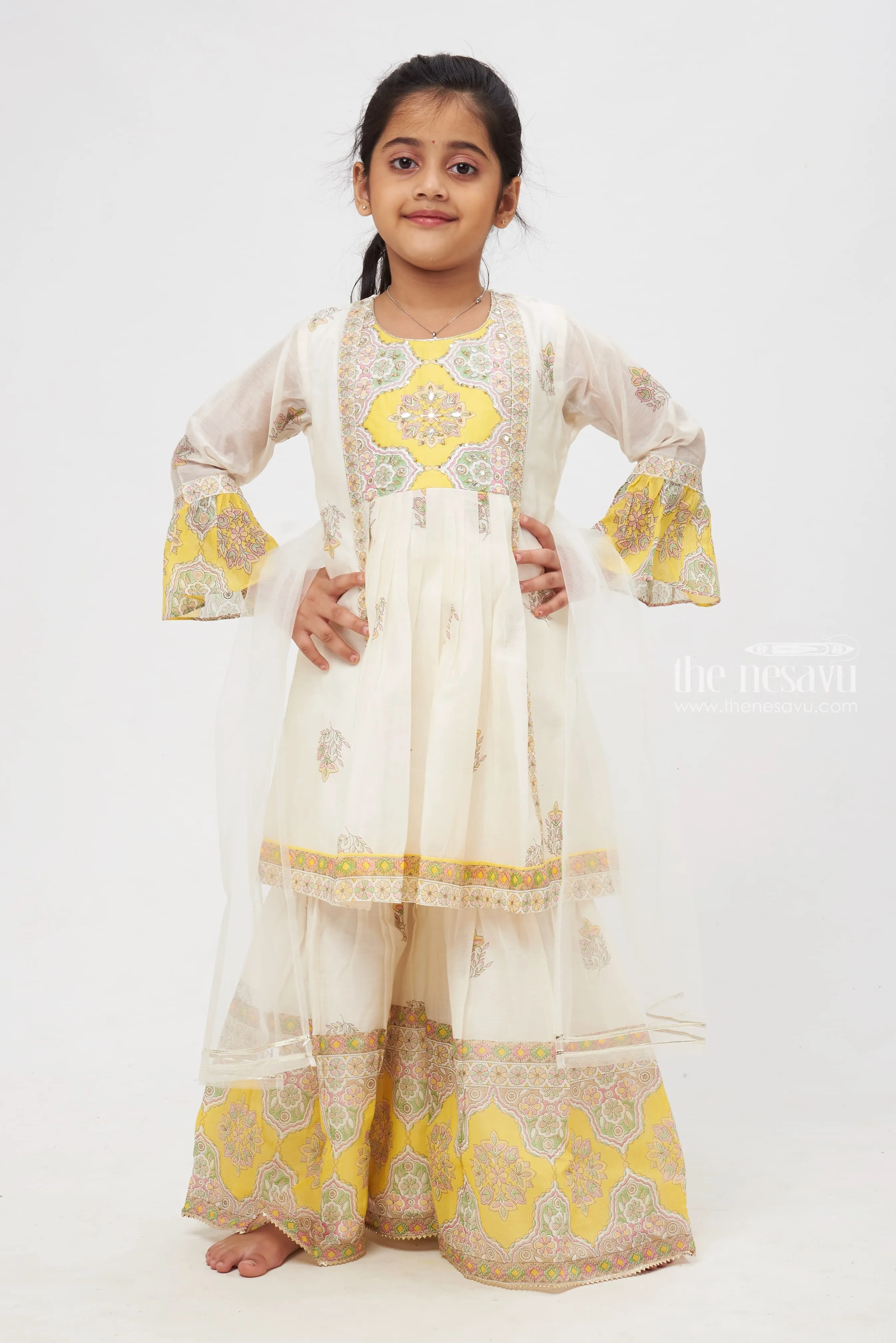 Elegant Medallion Print Ensemble for Kids: White and Yellow Floral Printed Stylish Kurti with Sharara Pant Set