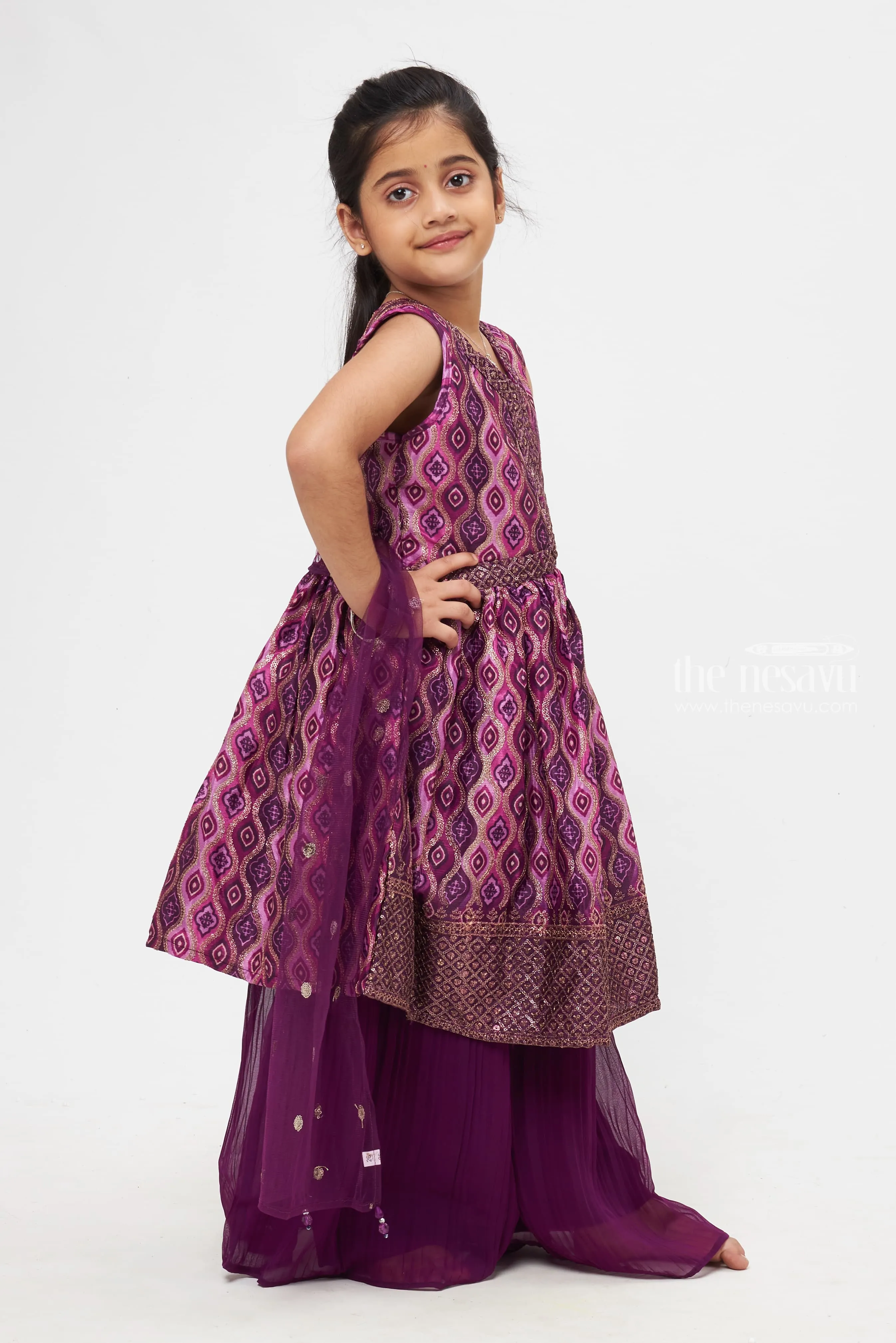 Elegant Purple Patterned Dress with Flared Palazzos for Girls