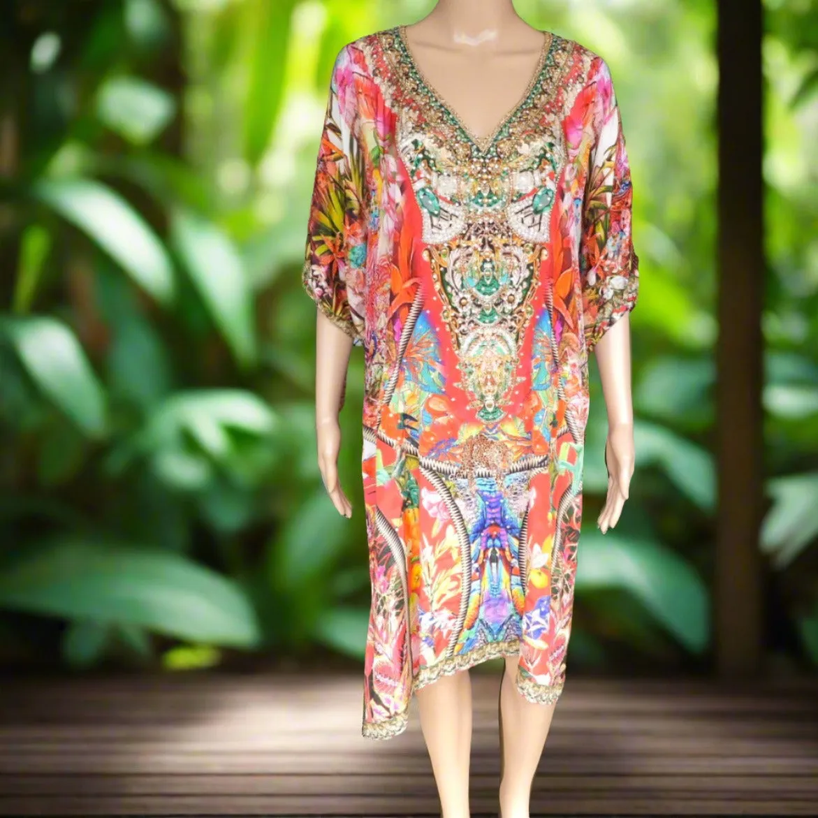 Enchanted Garden 3/4 sleeve Silk Embellished Dress