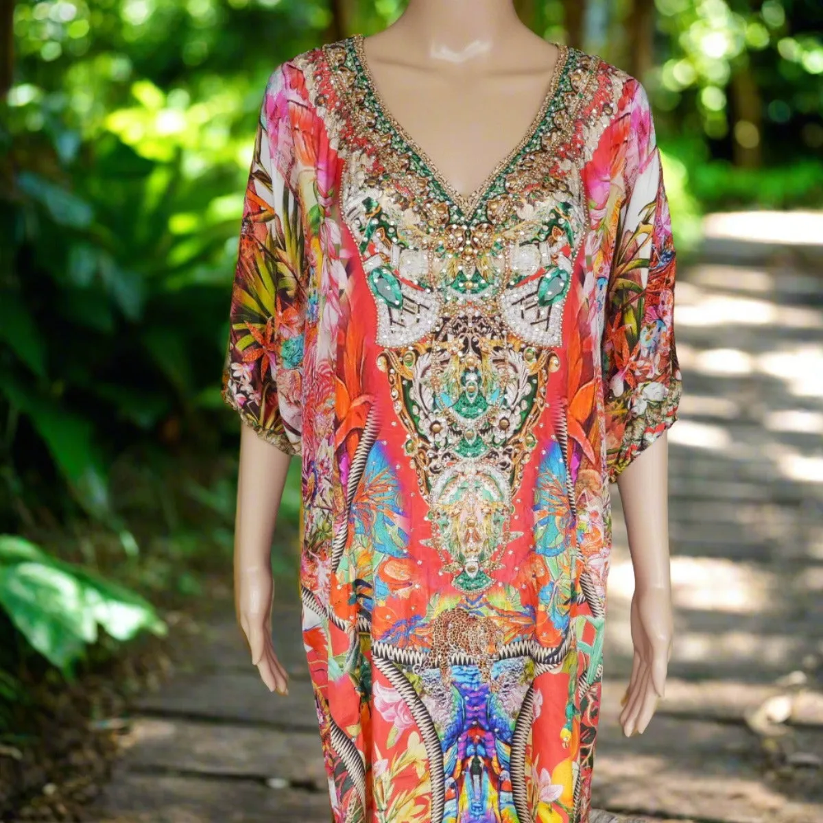 Enchanted Garden 3/4 sleeve Silk Embellished Dress