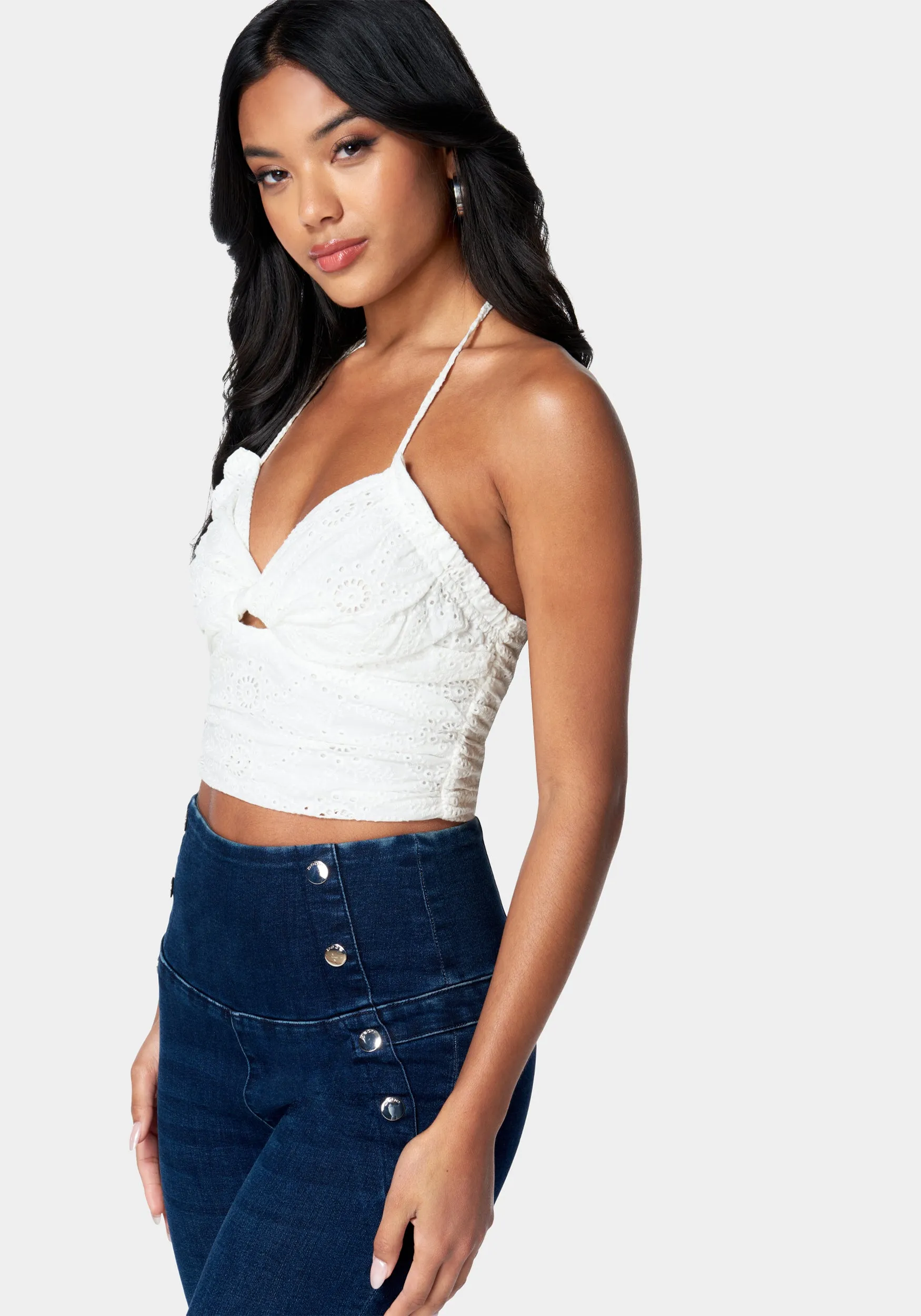 Eyelet Tie Back Ruched Halter Top