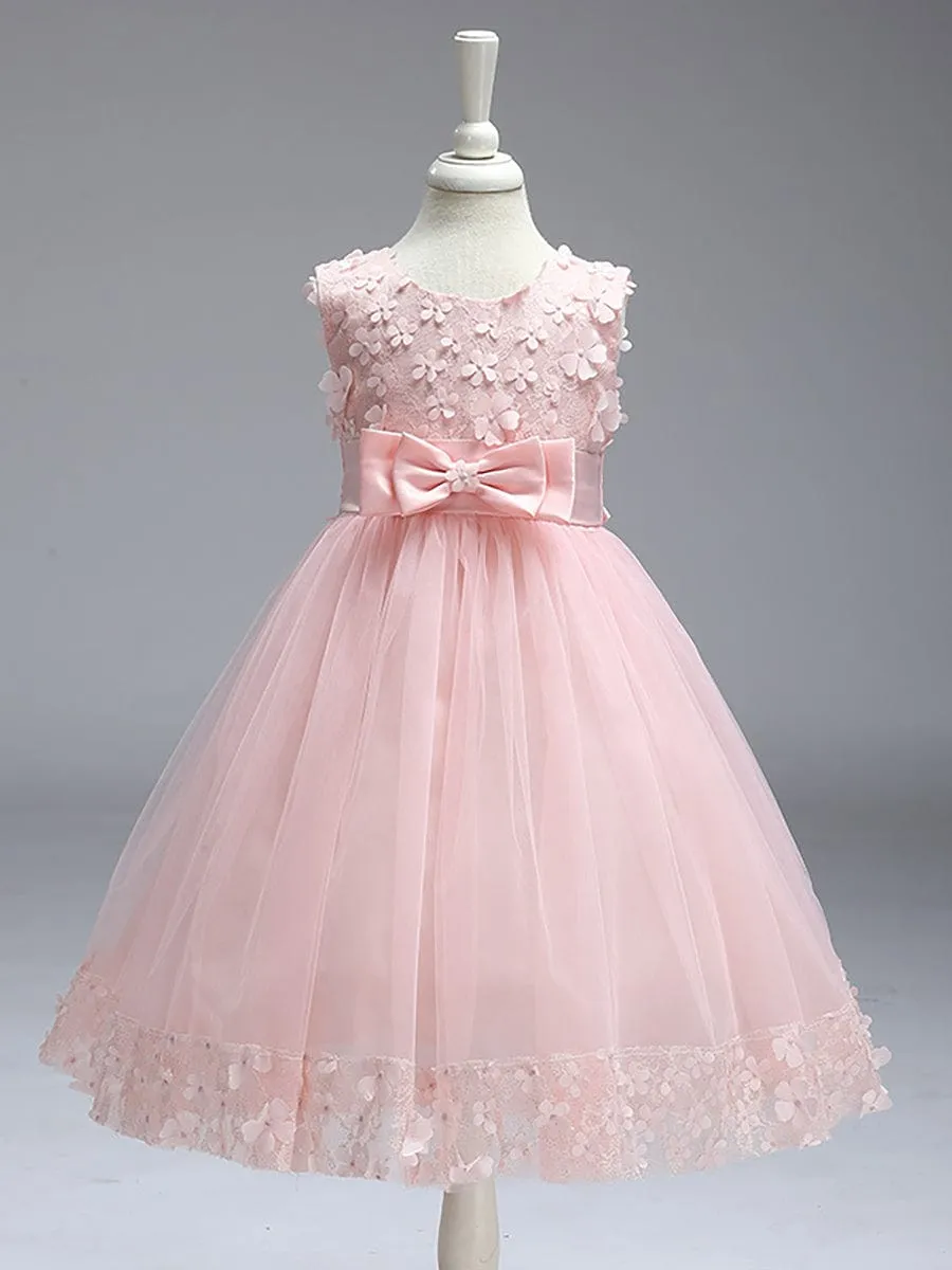 Flower Adorned Sheer Flower Girl Dress with Butterfly Bows