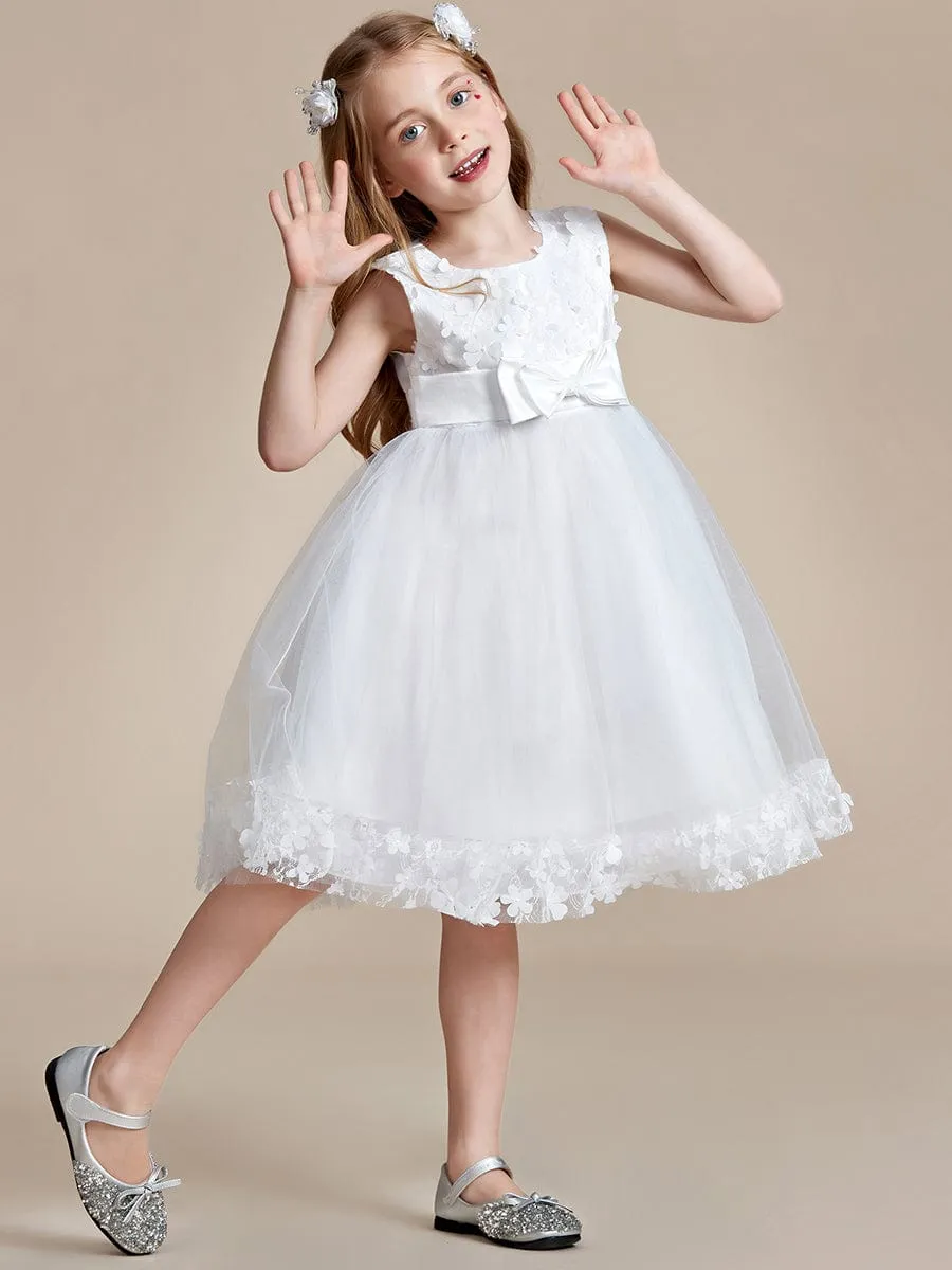 Flower Adorned Sheer Flower Girl Dress with Butterfly Bows