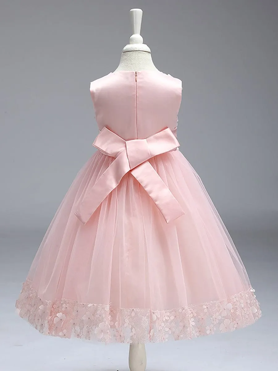 Flower Adorned Sheer Flower Girl Dress with Butterfly Bows