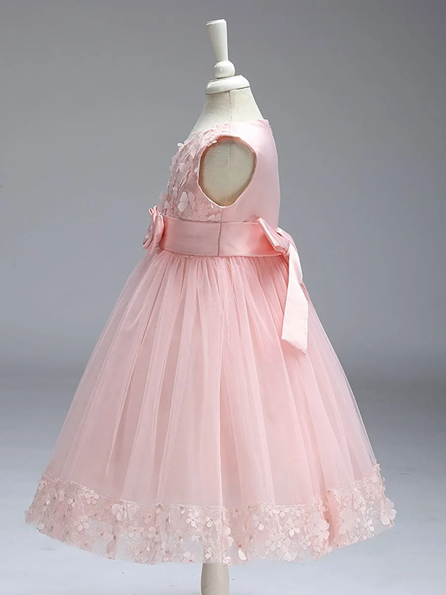 Flower Adorned Sheer Flower Girl Dress with Butterfly Bows