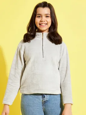 Girls Grey Fur Front Zipper Sweatshirt