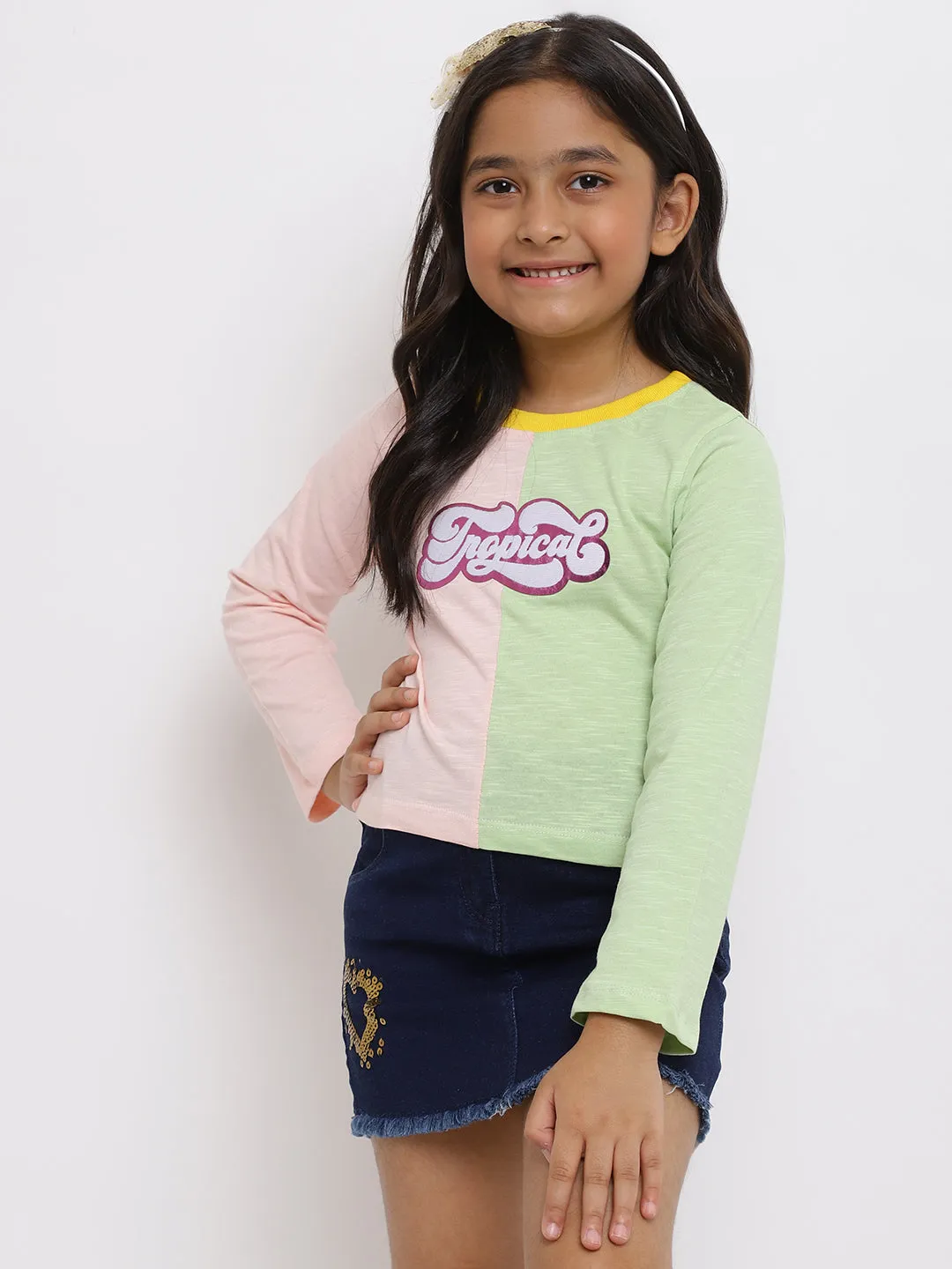 Girls Pink & Green Cotton T-shirt