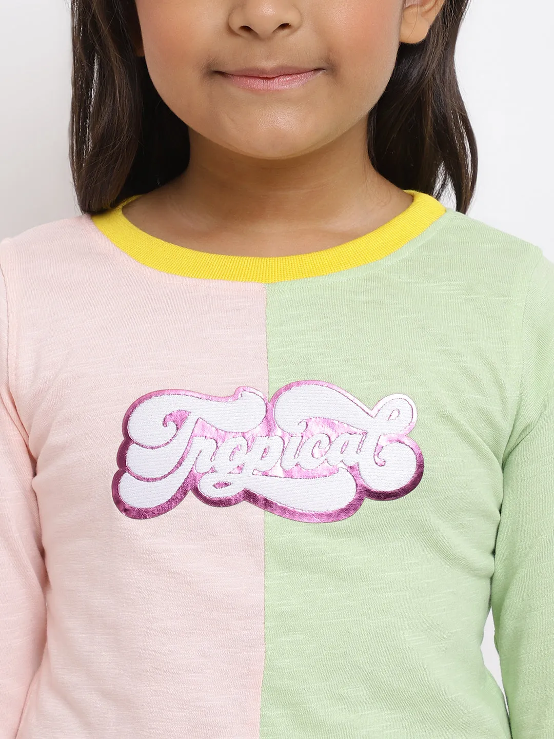 Girls Pink & Green Cotton T-shirt