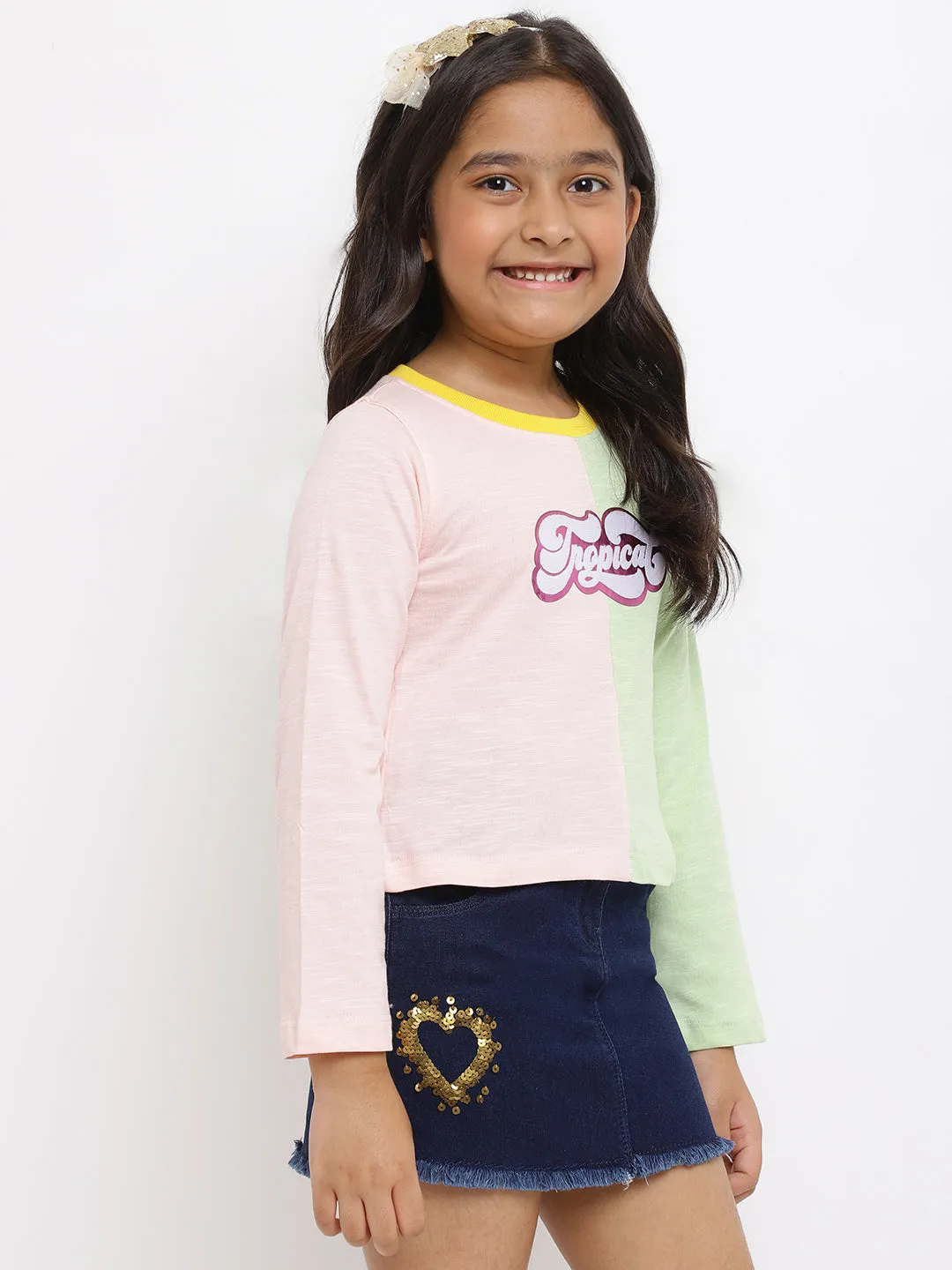 Girls Pink & Green Cotton T-shirt