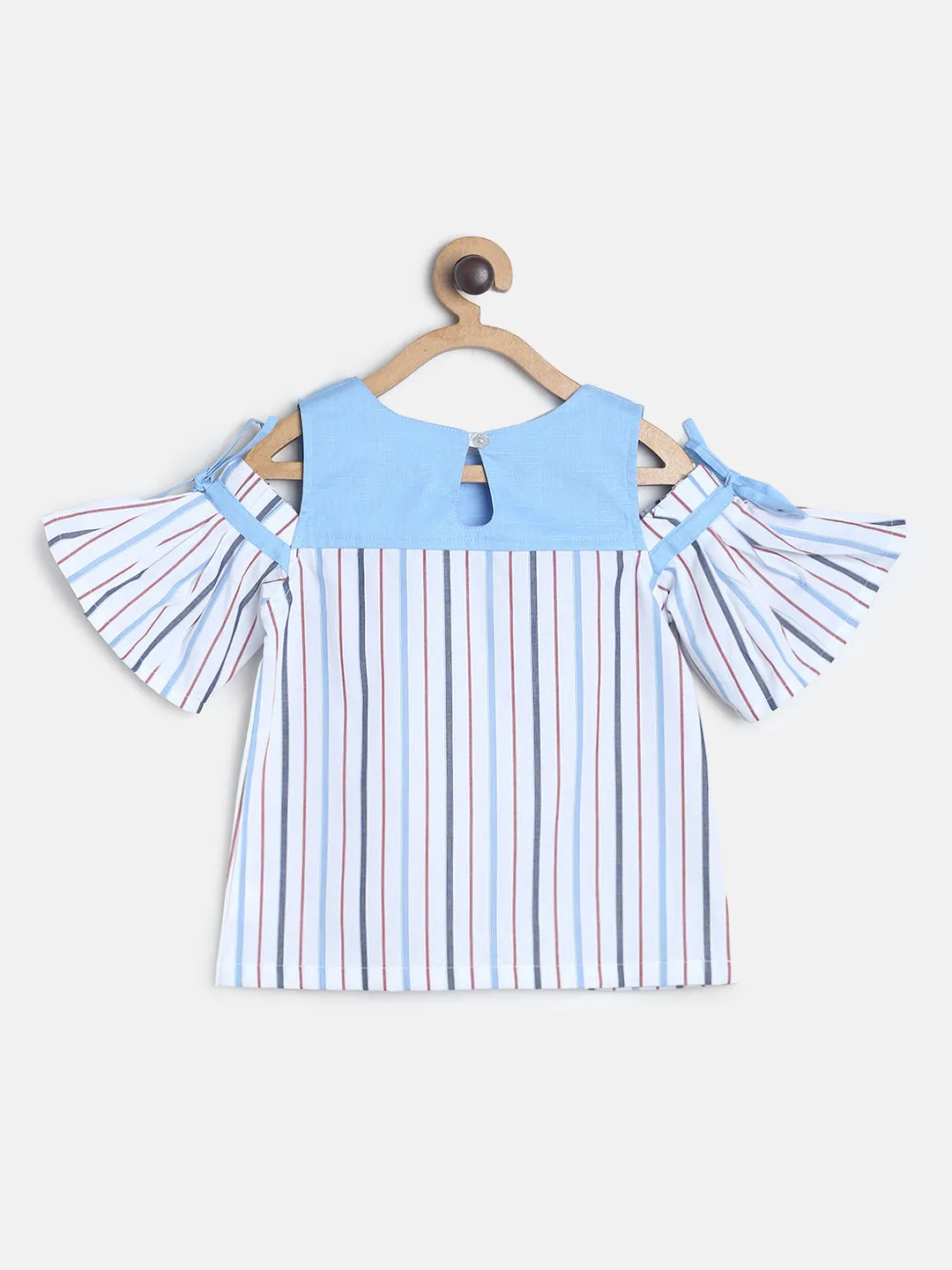 Girls Stripe Printed Cold Shoulder Top