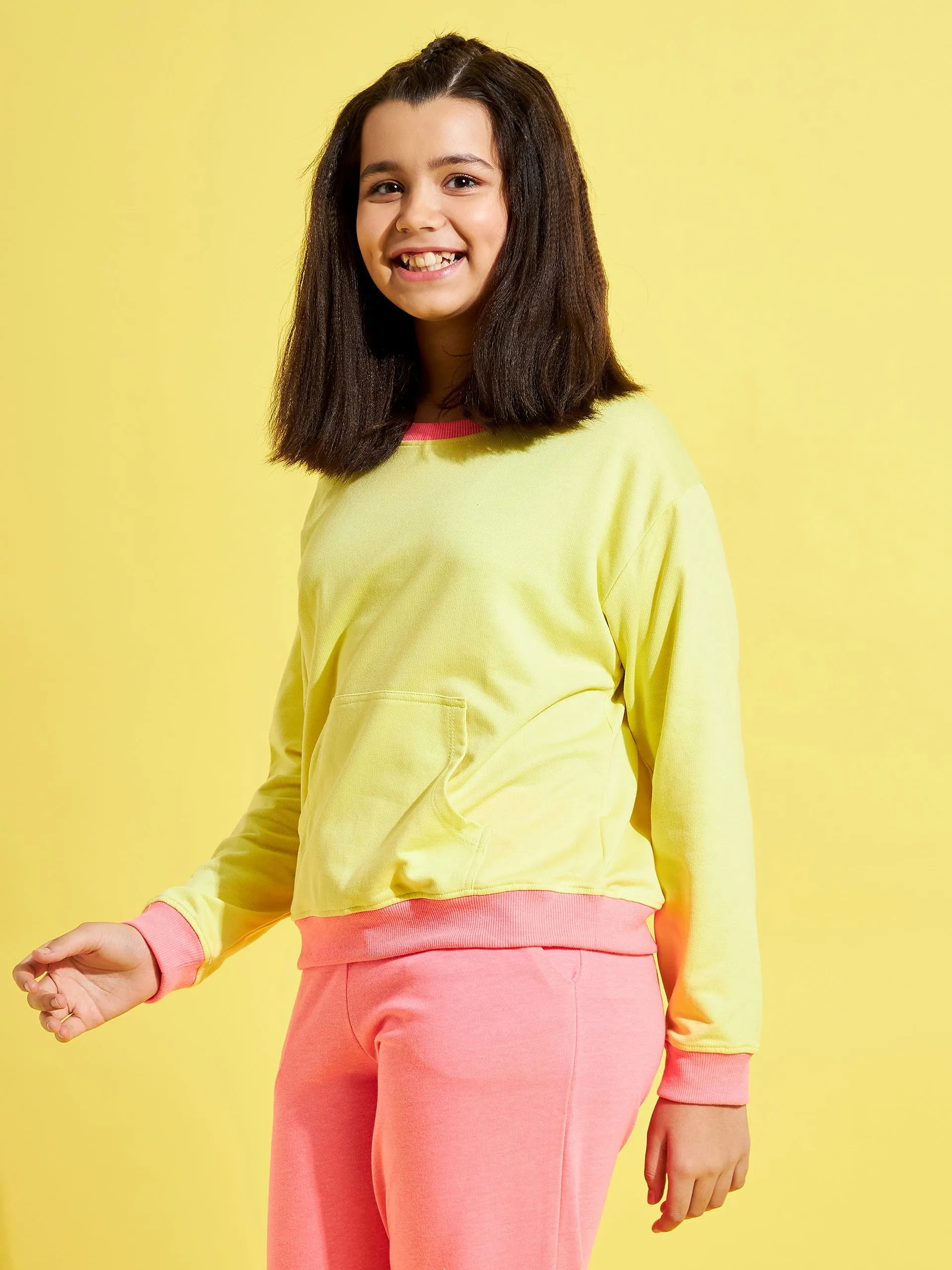 Girls Yellow Terry Contrast Rib Sweatshirt