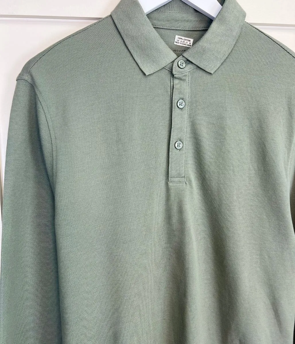 Green Mens Cotton Long Sleeve Polo Top