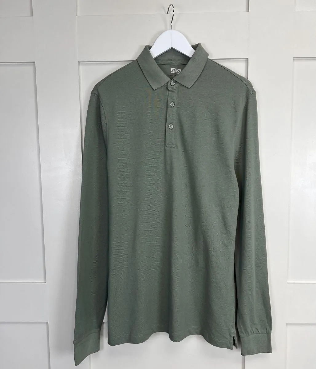 Green Mens Cotton Long Sleeve Polo Top