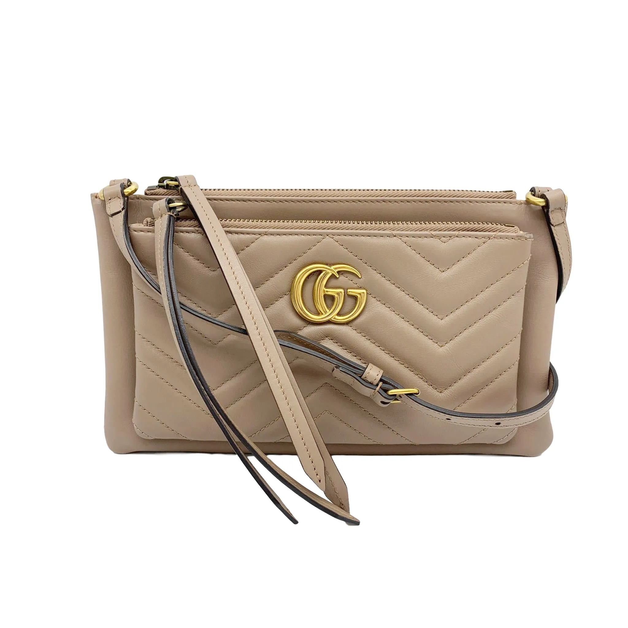 Gucci Marmont Gg Chain Matelasse Quilted Detachable Pouch Beige Leather