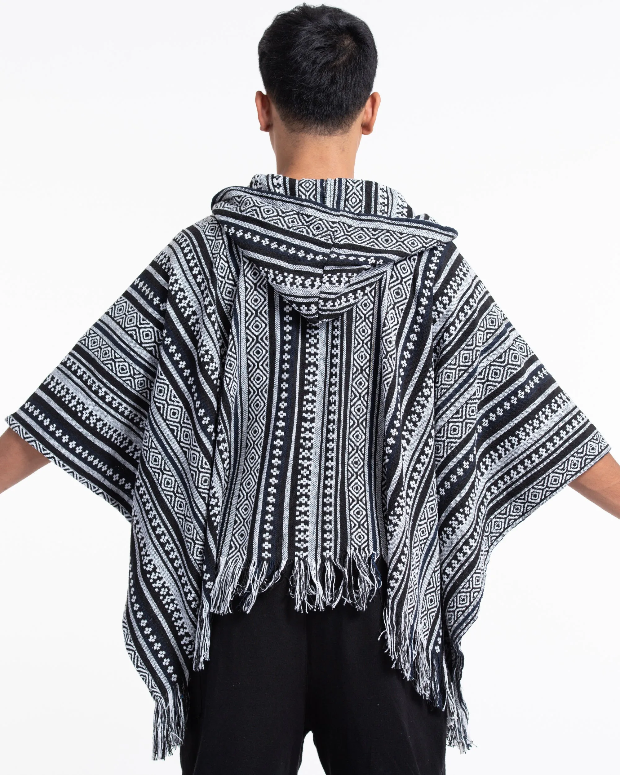 Hill Tribe Cotton Hooded Poncho Jacket in Black White