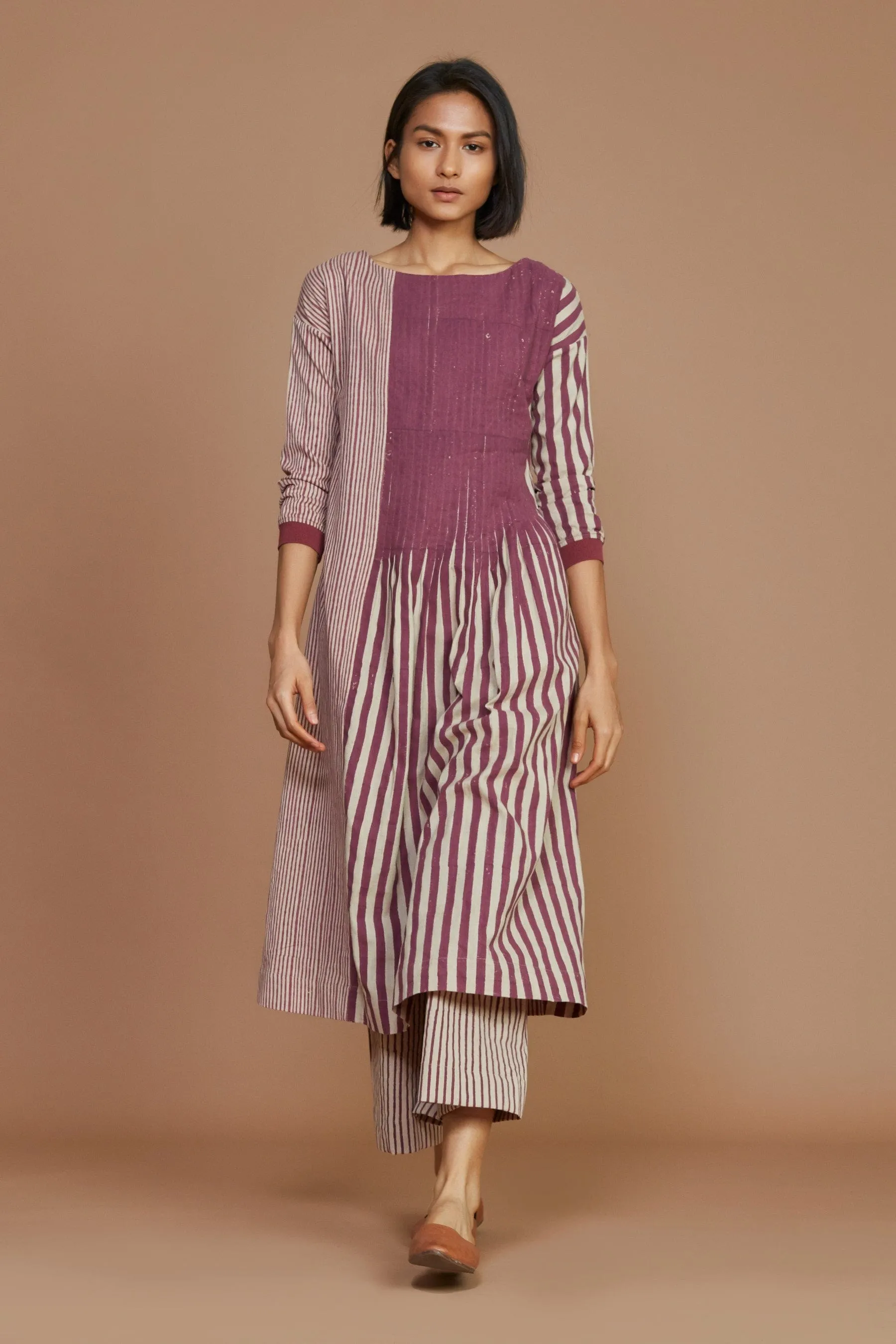 Ivory With Mauve Striped Pleated Co-Ord Set