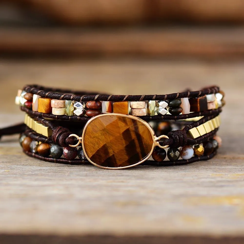 Jasper & Tiger's Eye Charm Wrap Bracelet