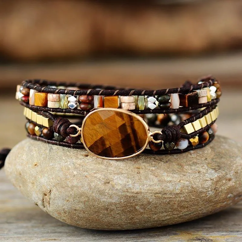 Jasper & Tiger's Eye Charm Wrap Bracelet