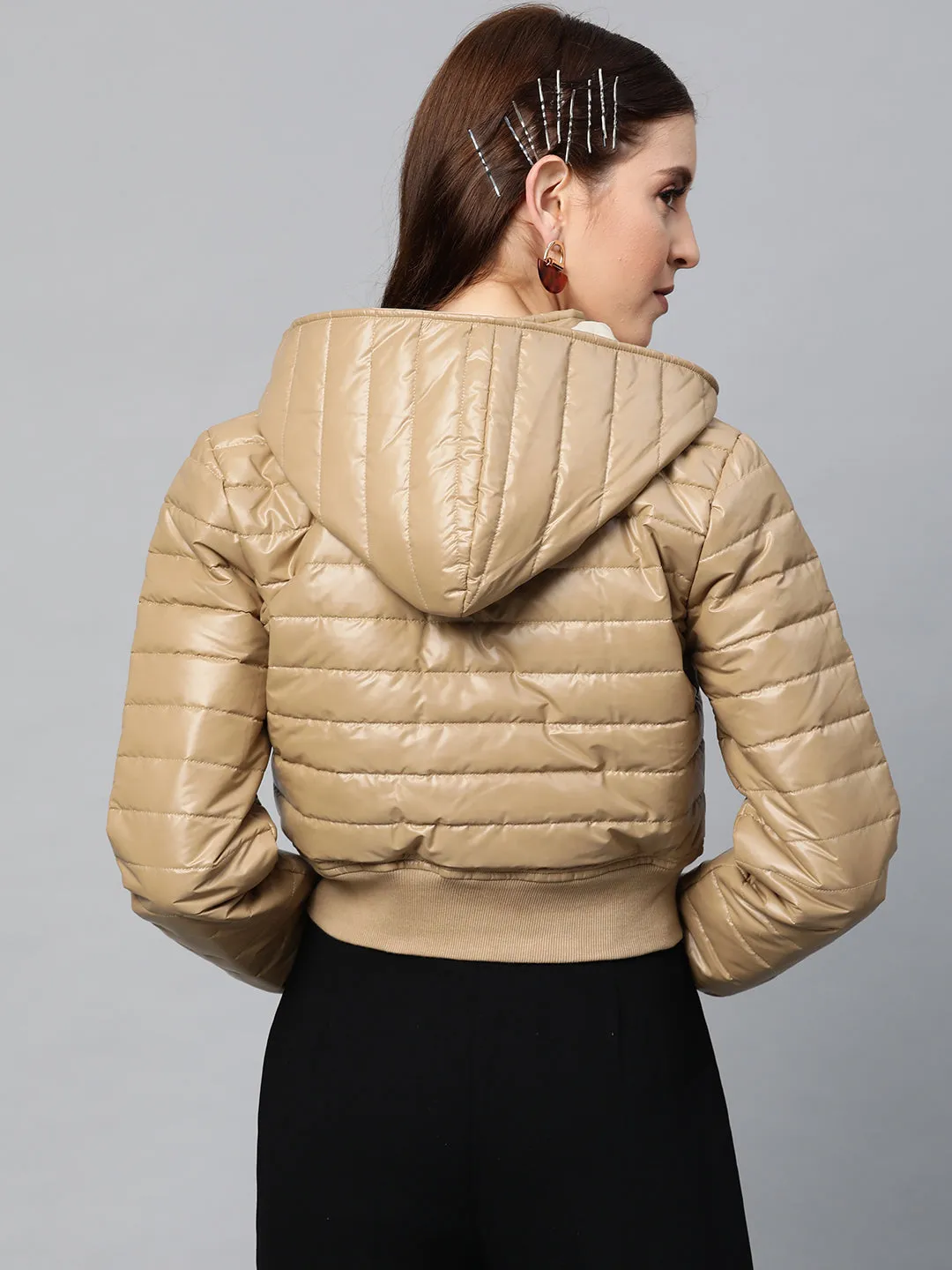 Khaki Hooded Crop Bomber Puffer Jacket