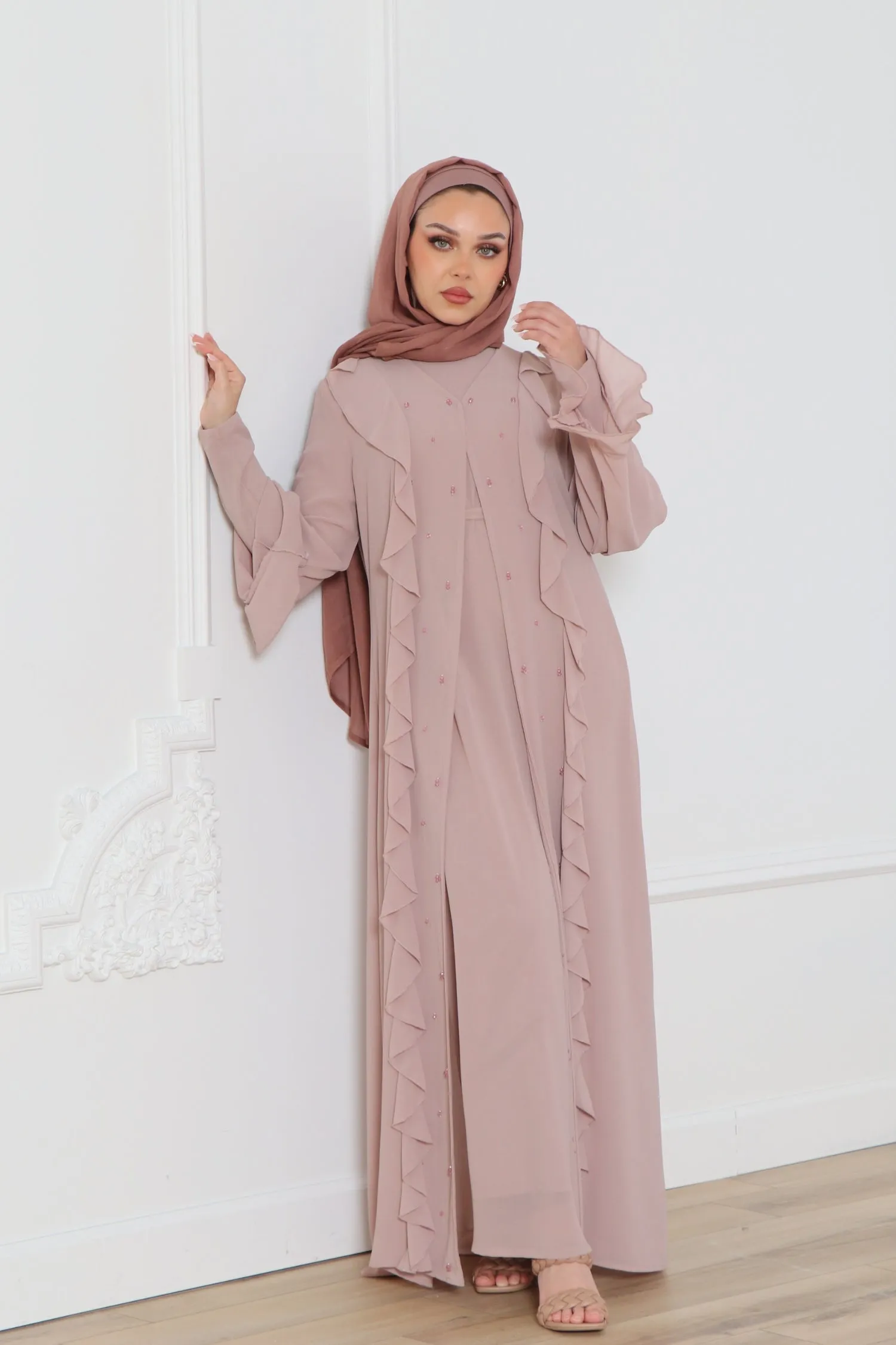 Lamya Beaded Chiffon Abaya Set- Dusty Rose