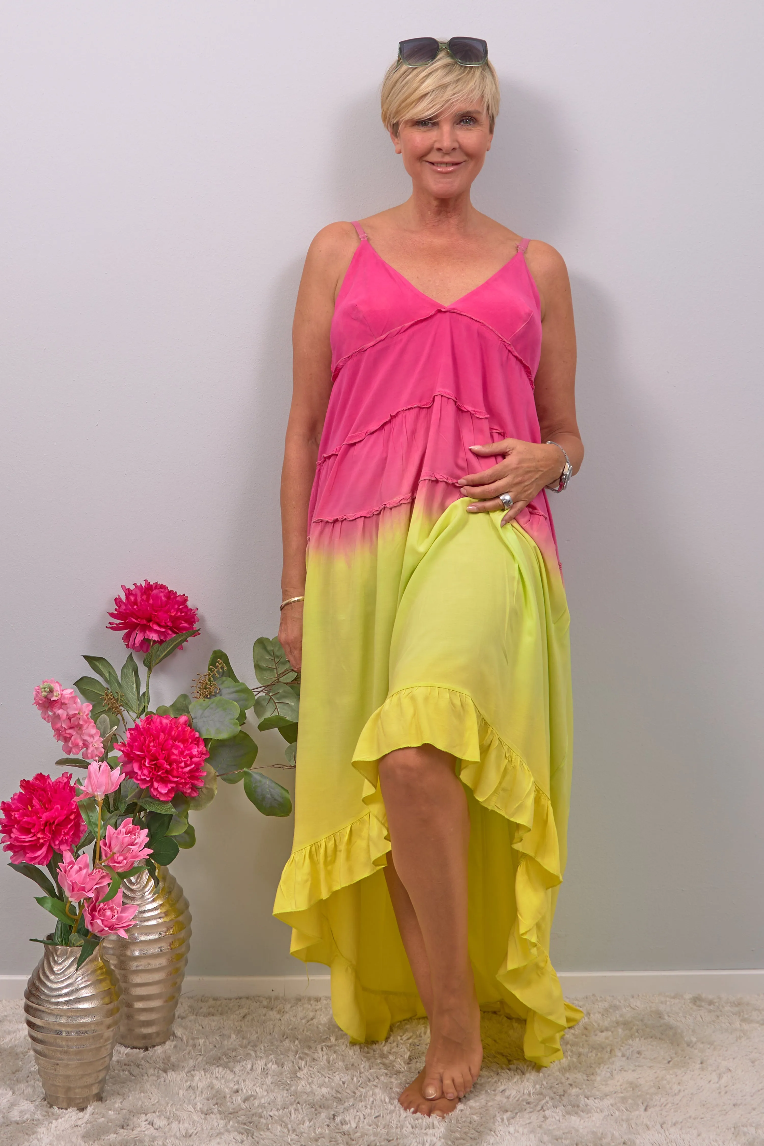 Langes Kleid mit Farbverlauf, pink-gelb