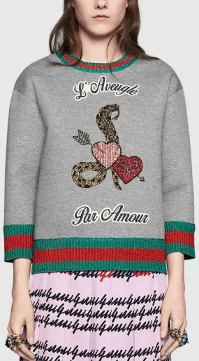 'L'aveugle par amour' Double Fleece Embellished Sweatshirt in Grey