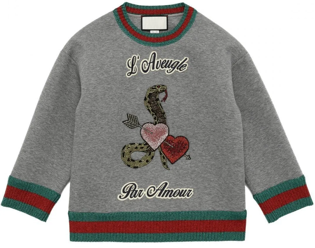 'L'aveugle par amour' Double Fleece Embellished Sweatshirt in Grey