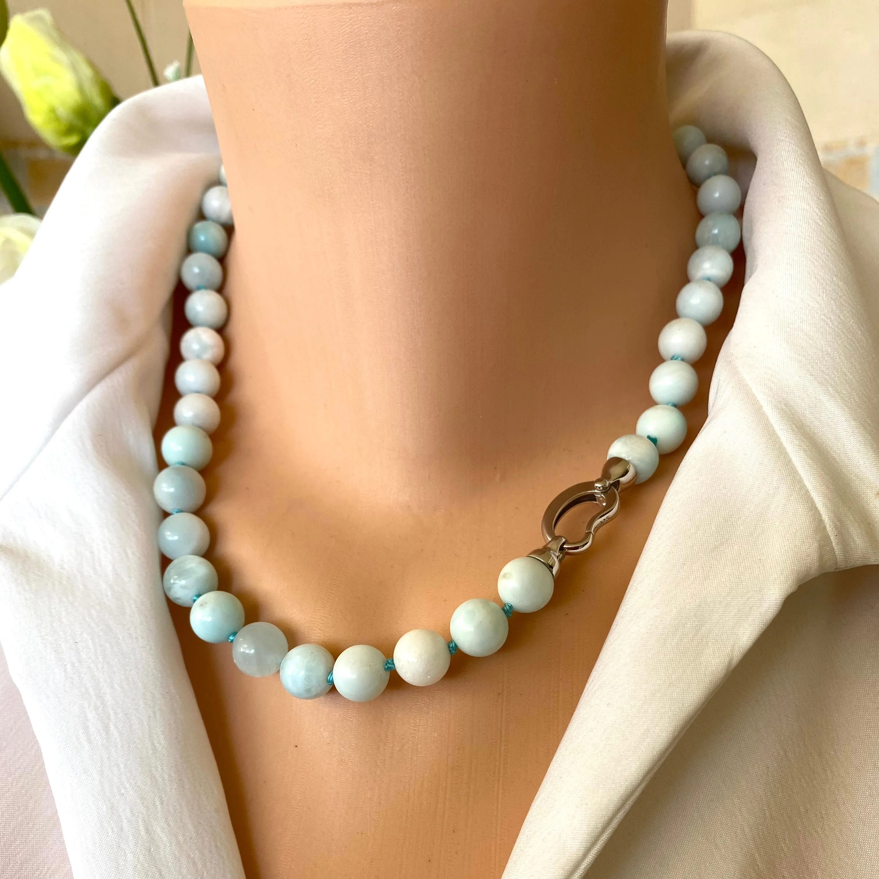 Light Blue Hemimorphite Candy Necklace, Rhodium Plated Silver Push Lock Clasp, 18.5in