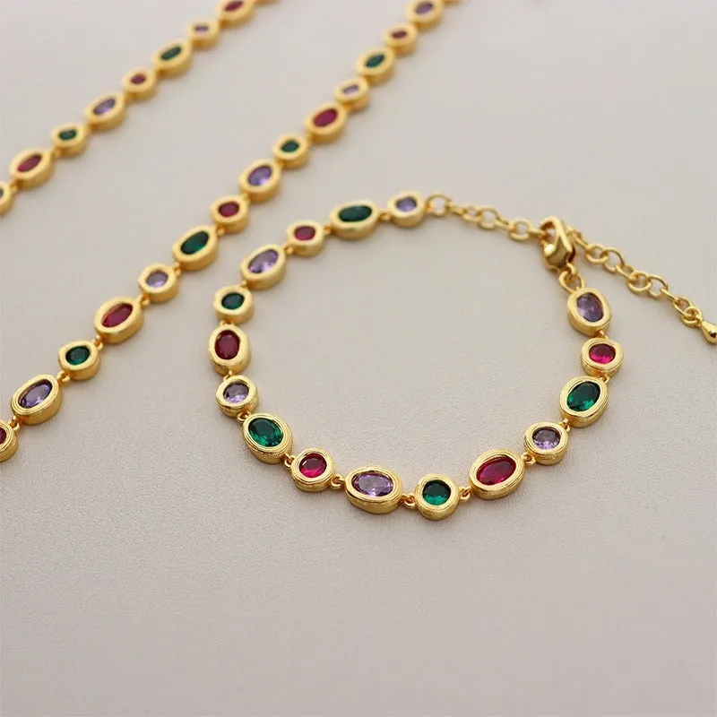 Light luxury fashionable colorful zircon necklace for women versatile personalized retro niche bracelet set