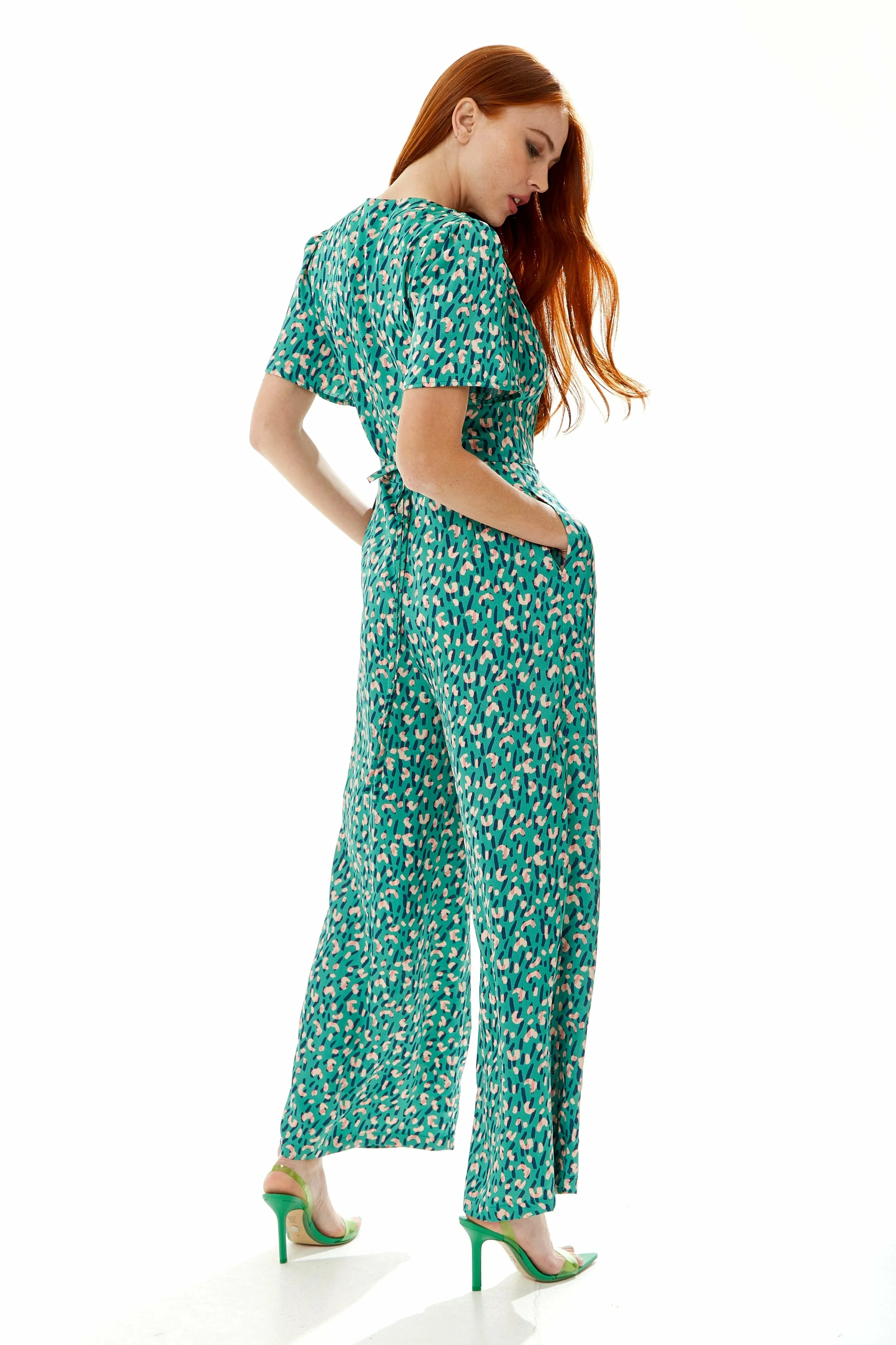 Liquorish Stroke Print Jumpsuit In Green