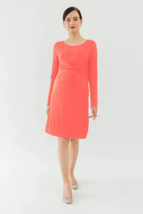 Long Sleeves Beatrisa Twisted Maternity Dress Coral