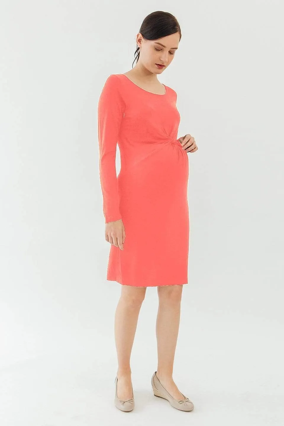 Long Sleeves Beatrisa Twisted Maternity Dress Coral