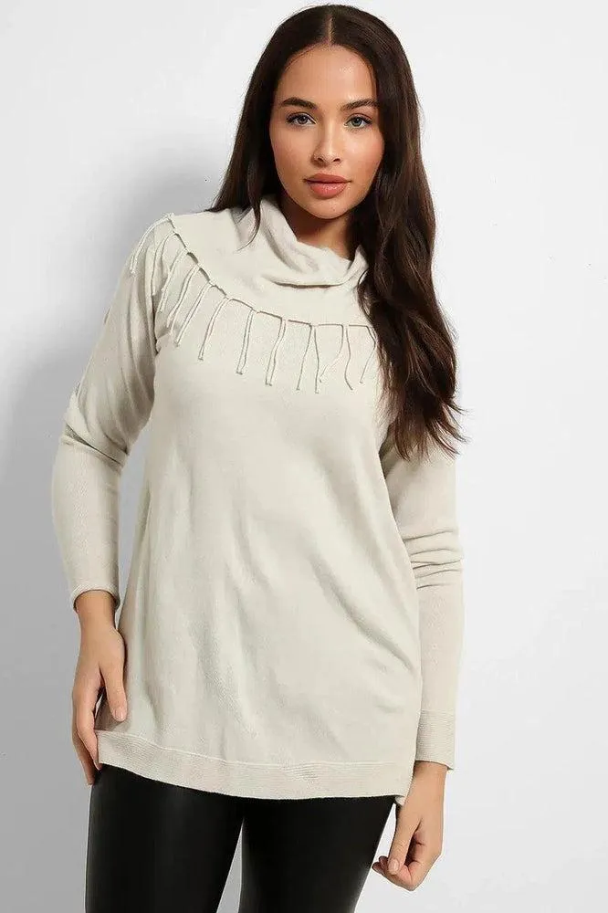 Lurex Fringe Cowl Neck Pullover