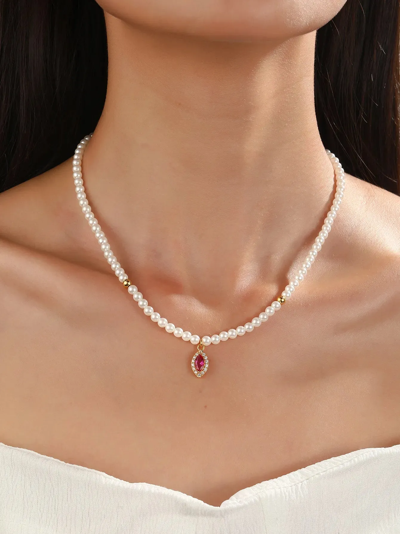 Luxe Oval Ruby Gemstone Pearl Necklace