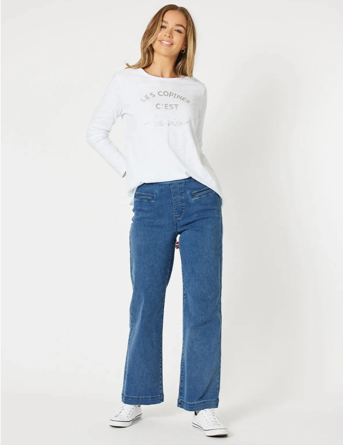 Maddy Pull On Wide Leg Jean - White/Denim