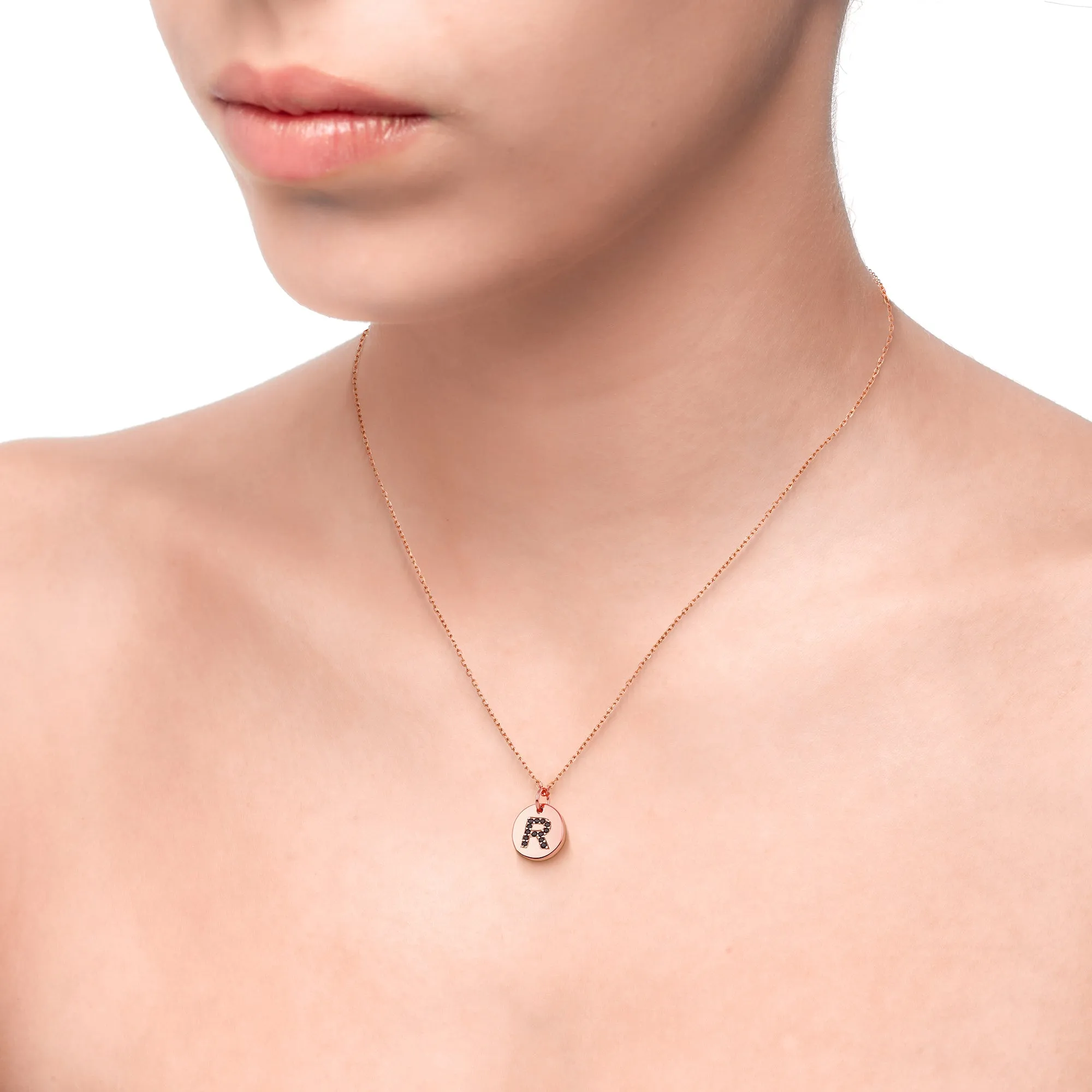 Magna | R Letter Necklace | Black CZ | Rose Gold Plated 925 Silver