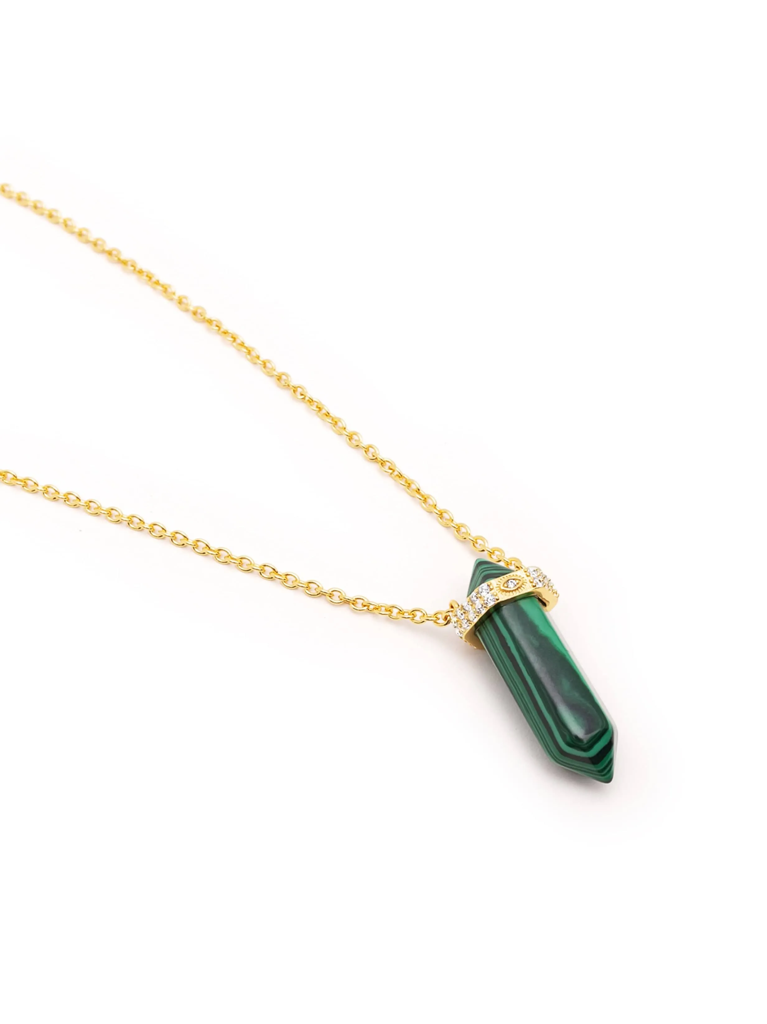 Malachite Crystal Necklace with Engraved Evil Eye Detail